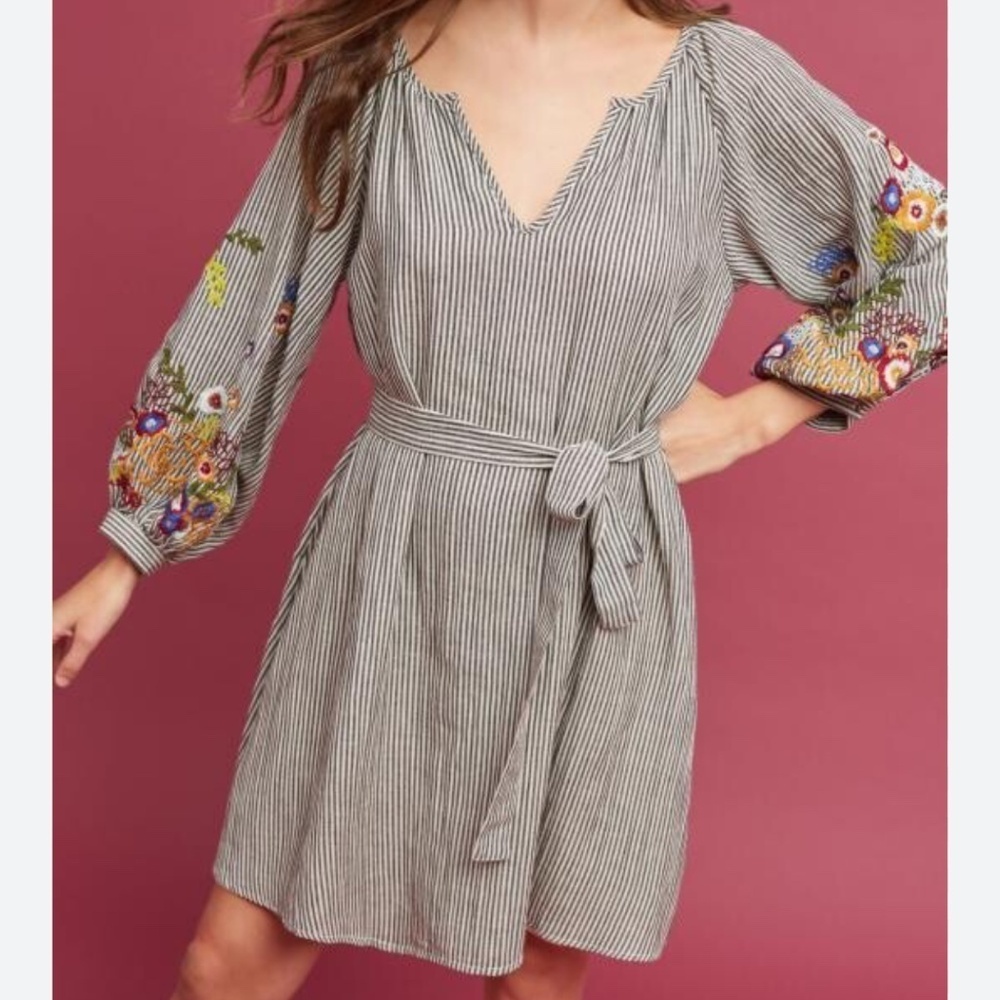Anthropologie Featherbone Lindsay Embroidered Striped Tunic Dress S